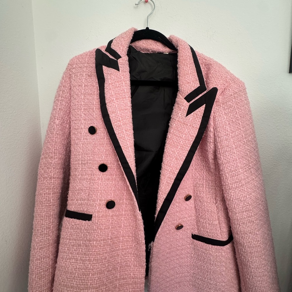 pink tweed lookalike blazer with gold buttons